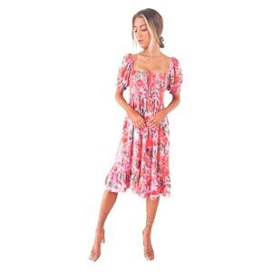 OLIVACEOUS Floral Smocked Alanie Tie Back Midi Dress Sz L